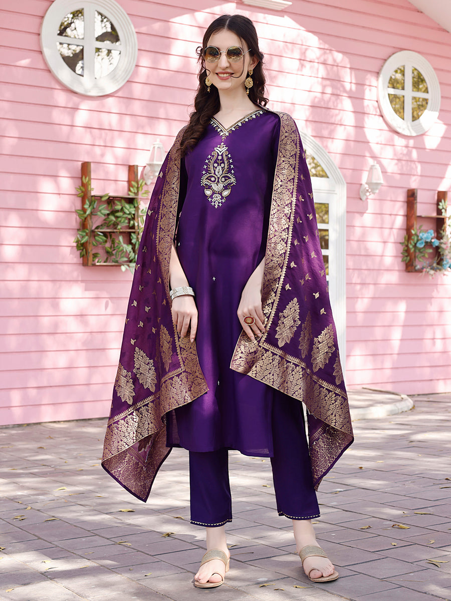 Women's Cotton Purple Embroidered Kurta Pant With Dupatta main image 0