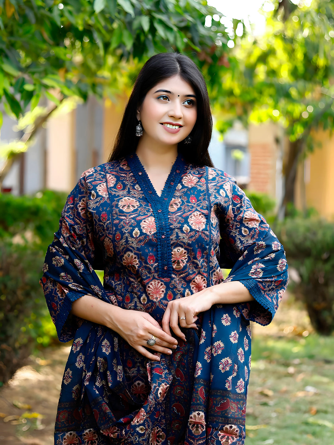 Hand Embroidered & Floral printed Lace detailed Kurta with Printed Pant & Dupatta Premium Luxury