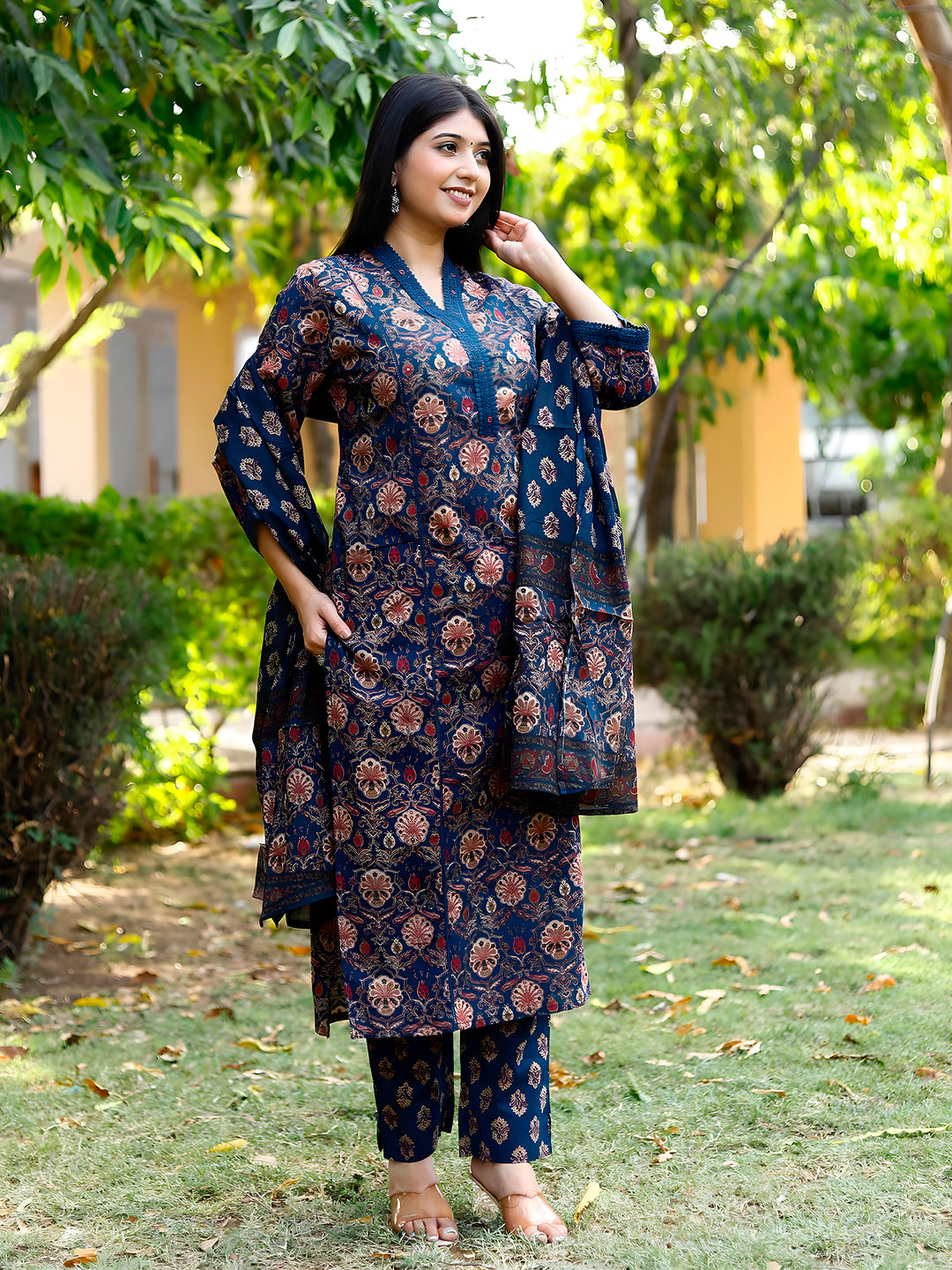 Hand Embroidered & Floral printed Lace detailed Kurta with Printed Pant & Dupatta Premium Luxury