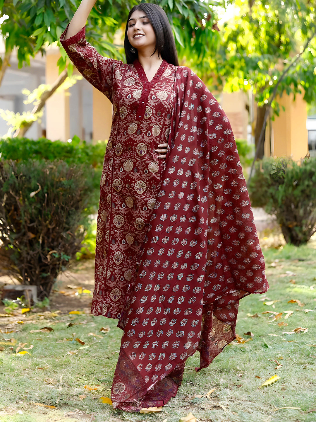 Hand Embroidered & Floral printed Lace detailed Kurta with Printed Pant & Dupatta Premium Luxury