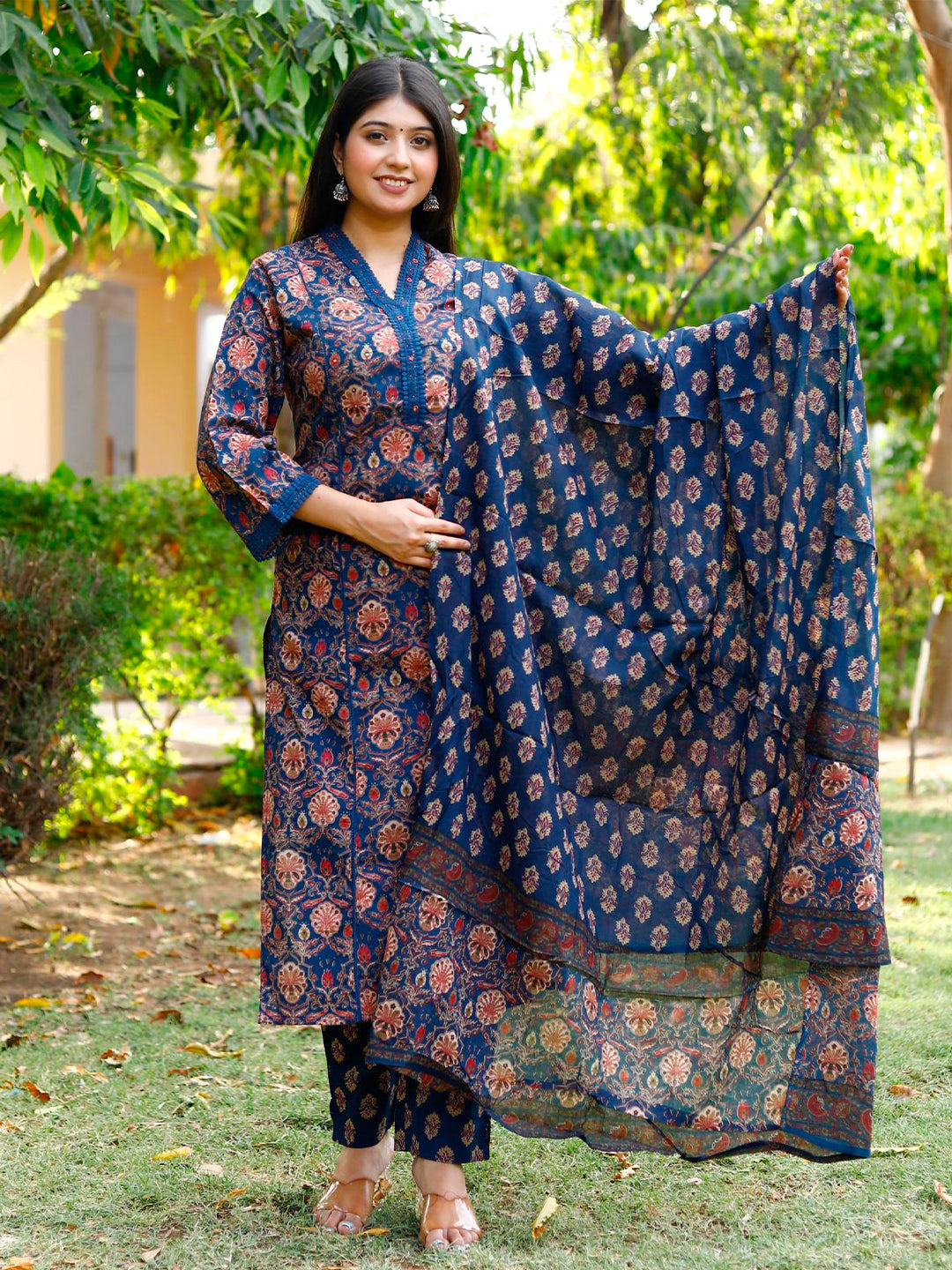 Hand Embroidered & Floral printed Lace detailed Kurta with Printed Pant & Dupatta Premium Luxury