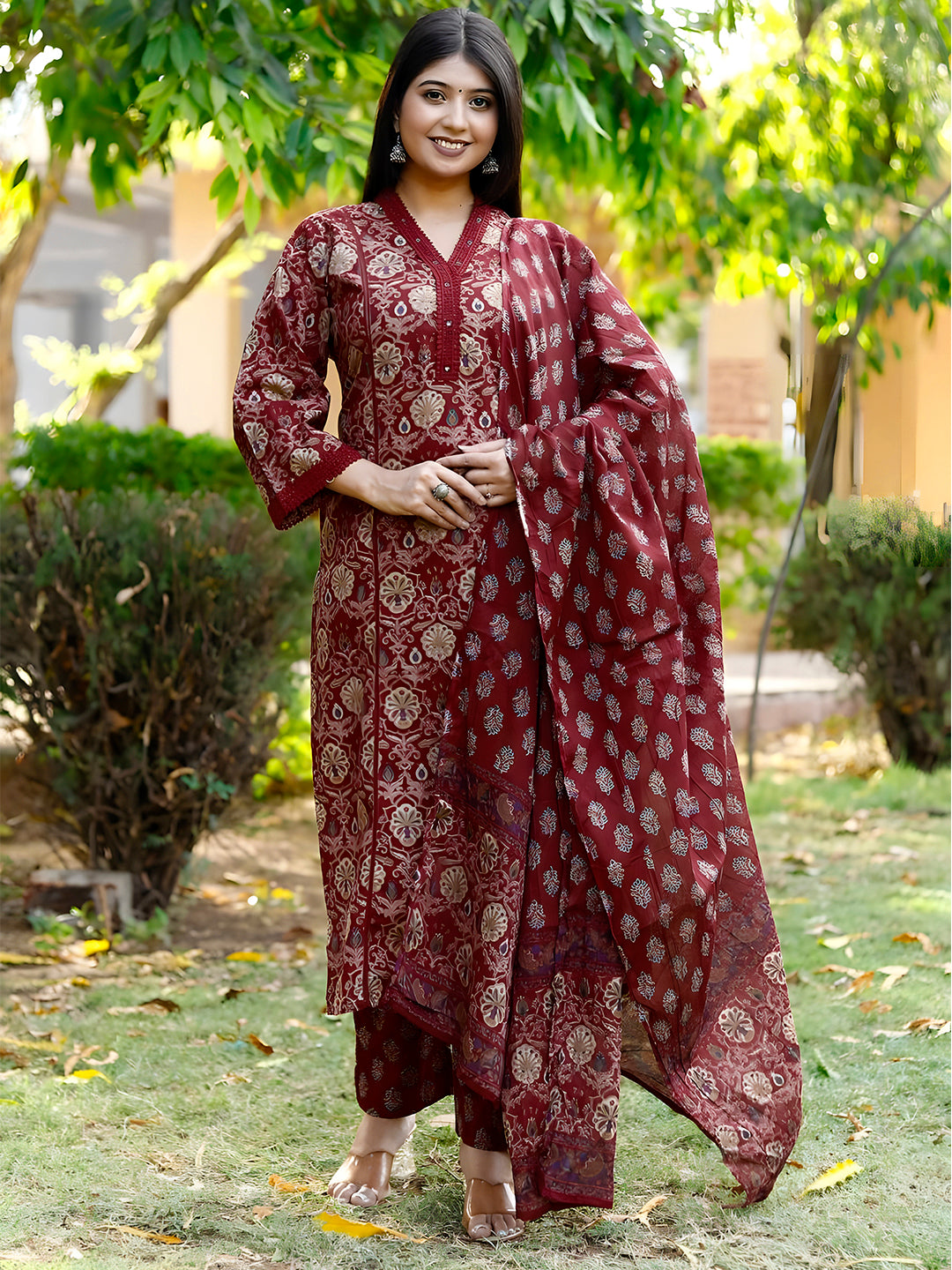 Hand Embroidered & Floral printed Lace detailed Kurta with Printed Pant & Dupatta Premium Luxury