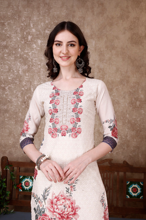 Hand Embroidered & Floral Printed Kurta with pant & dupatta Luxury