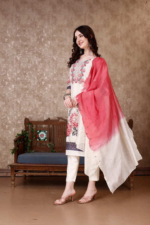 Hand Embroidered & Floral Printed Kurta with pant & dupatta Luxury