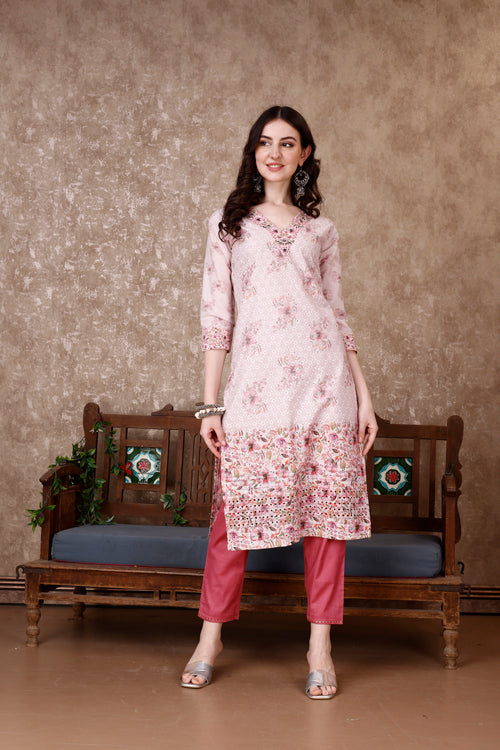 Hand Embroidered & Floral Printed Kurta with pant & dupatta Luxury
