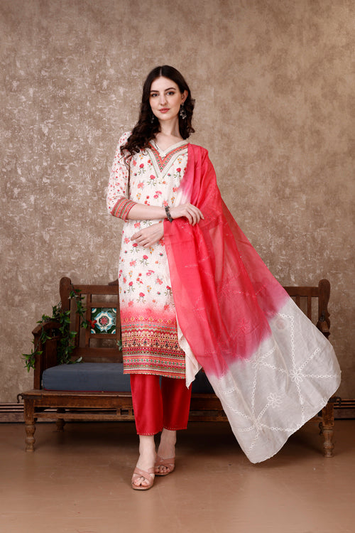 Hand Embroidered & Floral Printed Kurta with pant & dupatta Luxury