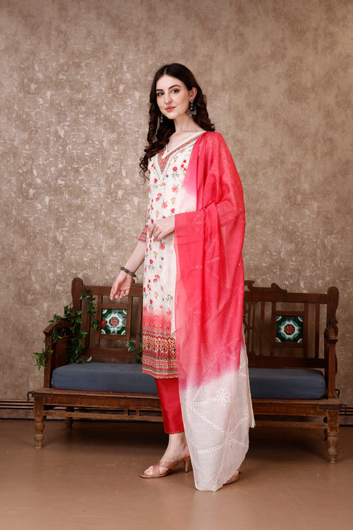 Hand Embroidered & Floral Printed Kurta with pant & dupatta Luxury