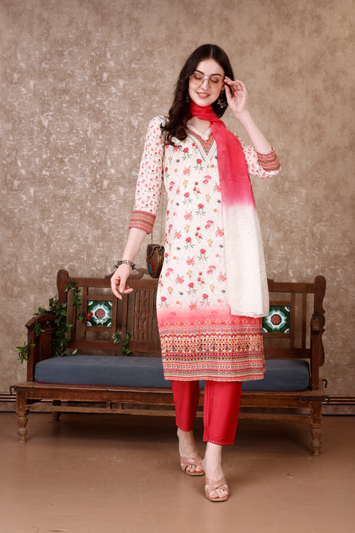 Hand Embroidered & Floral Printed Kurta with pant & dupatta Luxury