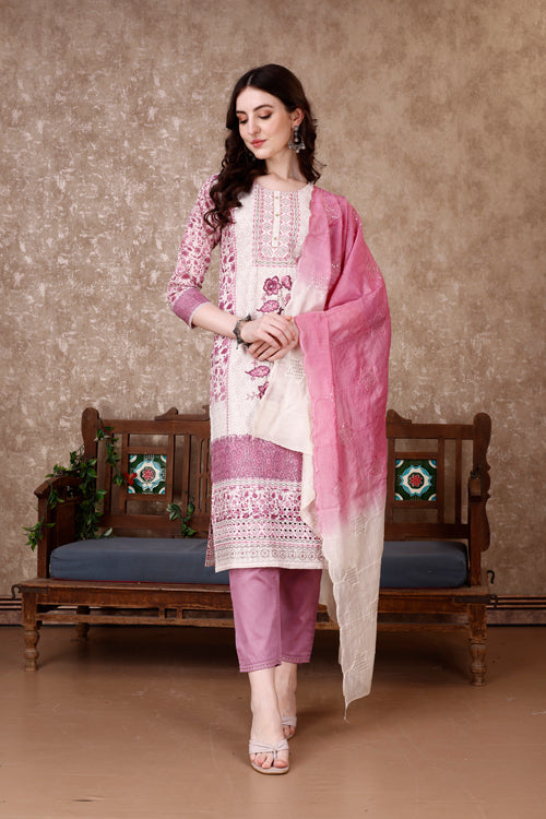 Hand Embroidered & Floral Printed Kurta with pant & dupatta Luxury