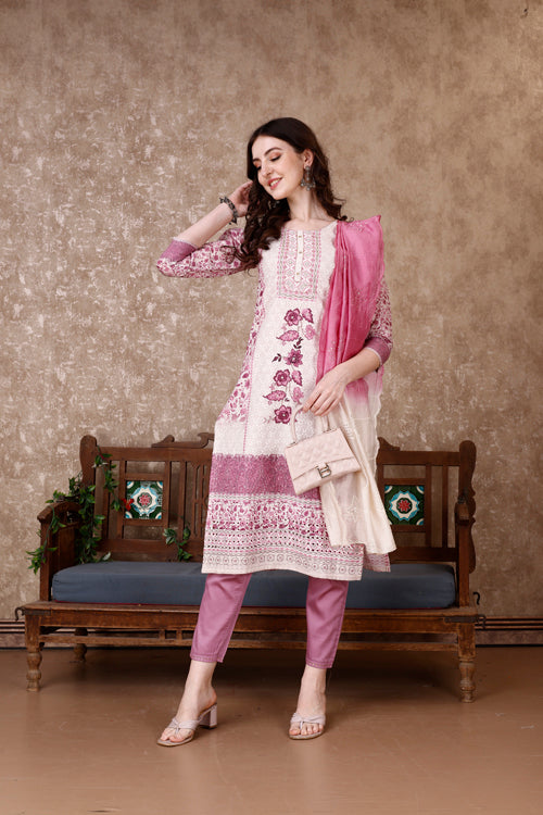 Hand Embroidered & Floral Printed Kurta with pant & dupatta Luxury