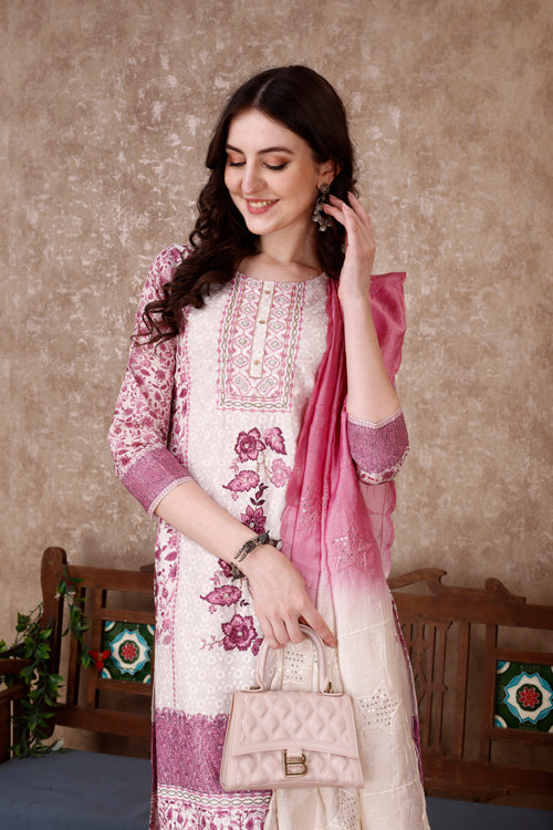 Hand Embroidered & Floral Printed Kurta with pant & dupatta Luxury