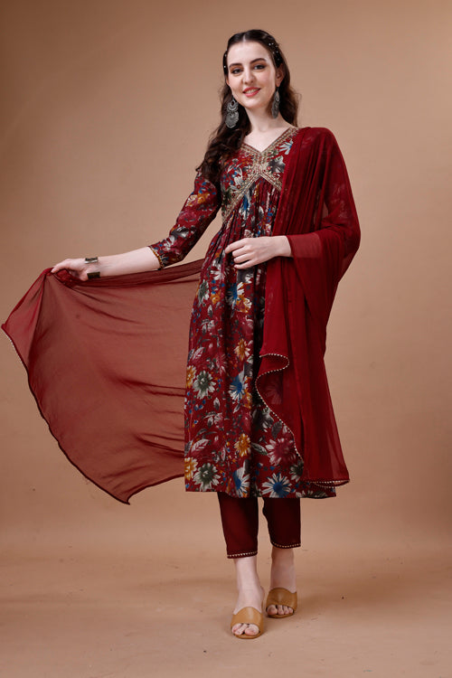 Alia cut floral printed embroidered kurta with pant & dupatta