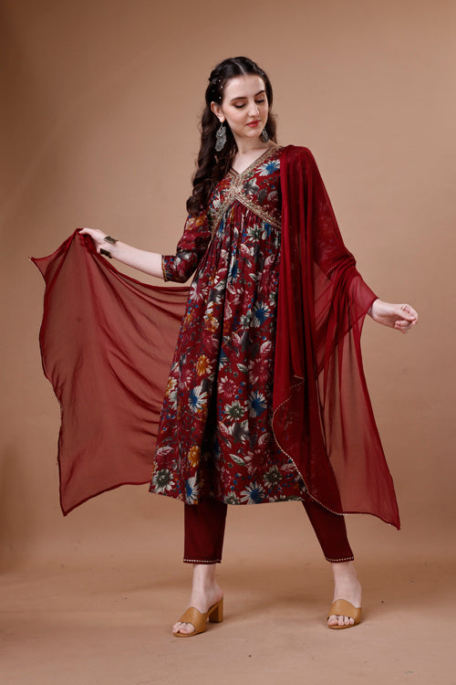 Alia cut floral printed embroidered kurta with pant & dupatta