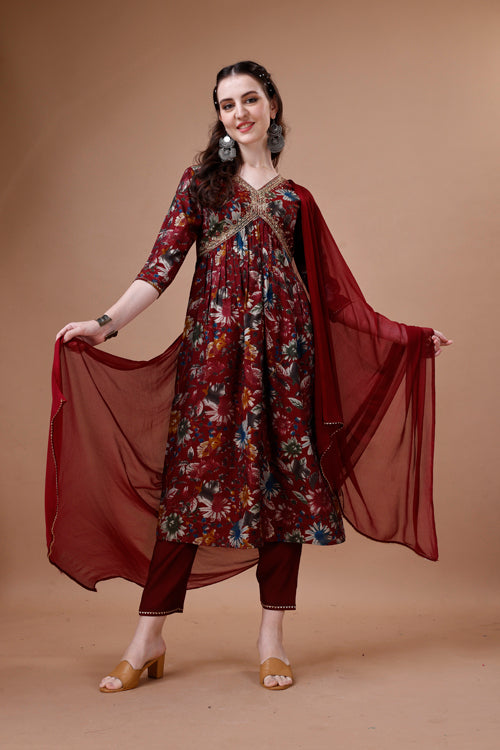 Alia cut floral printed embroidered kurta with pant & dupatta