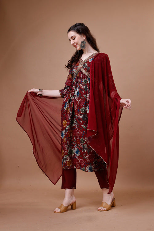 Alia cut floral printed embroidered kurta with pant & dupatta