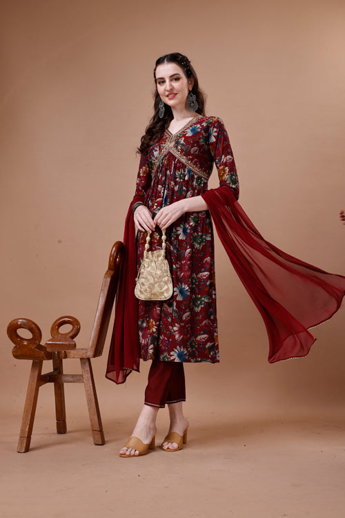 Alia cut floral printed embroidered kurta with pant & dupatta