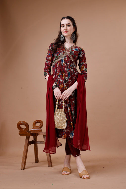 Alia cut floral printed embroidered kurta with pant & dupatta