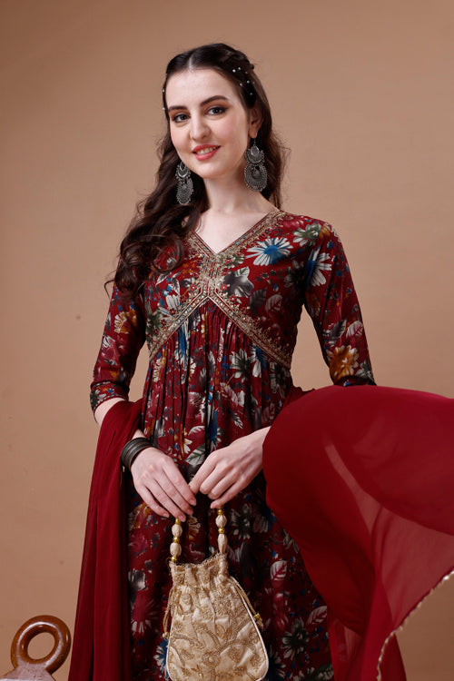 Alia cut floral printed embroidered kurta with pant & dupatta