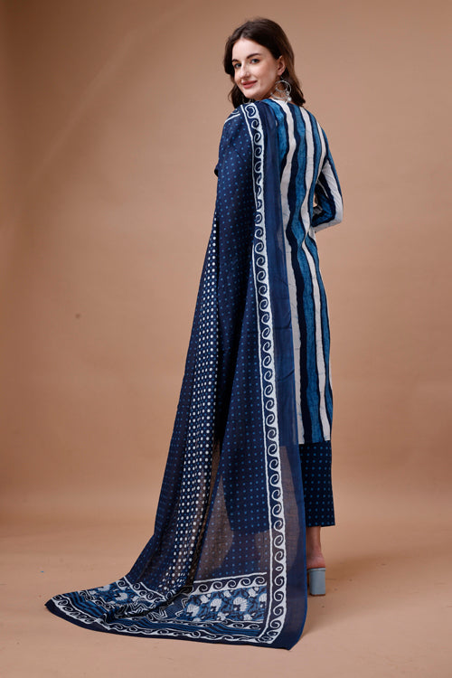 Embroidered & Printed Blue Kurta With Pant And Dupatta Set