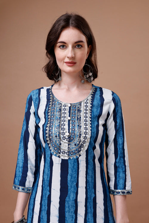 Embroidered & Printed Blue Kurta With Pant And Dupatta Set