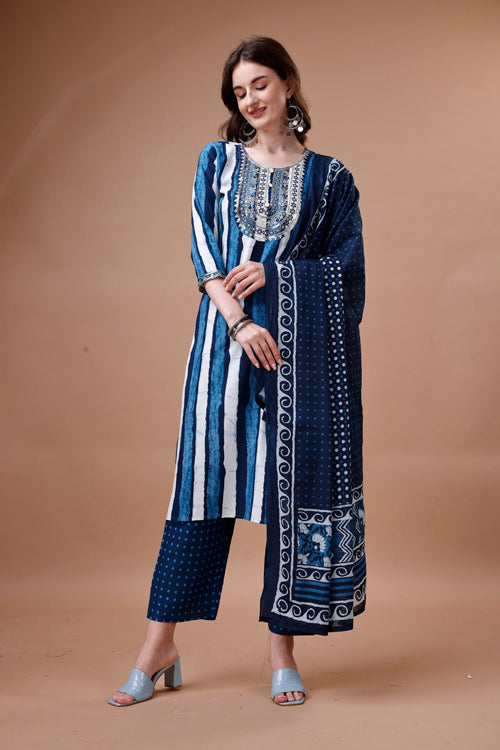 Embroidered & Printed Blue Kurta With Pant And Dupatta Set