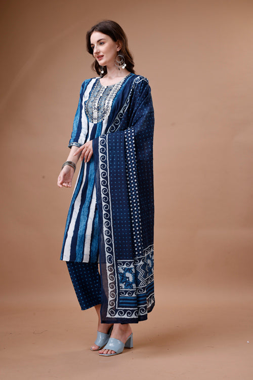 Embroidered & Printed Blue Kurta With Pant And Dupatta Set