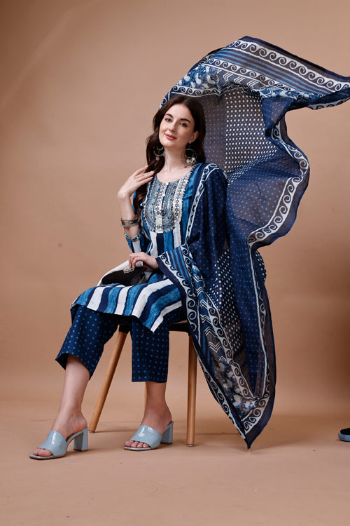 Embroidered & Printed Blue Kurta With Pant And Dupatta Set