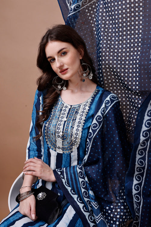 Embroidered & Printed Blue Kurta With Pant And Dupatta Set