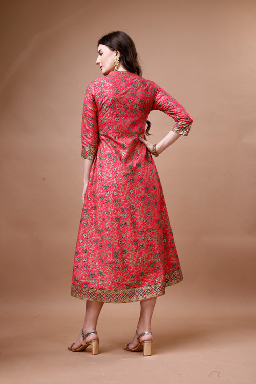 Printed Full Neck Pink Rayon Ethnic Dress