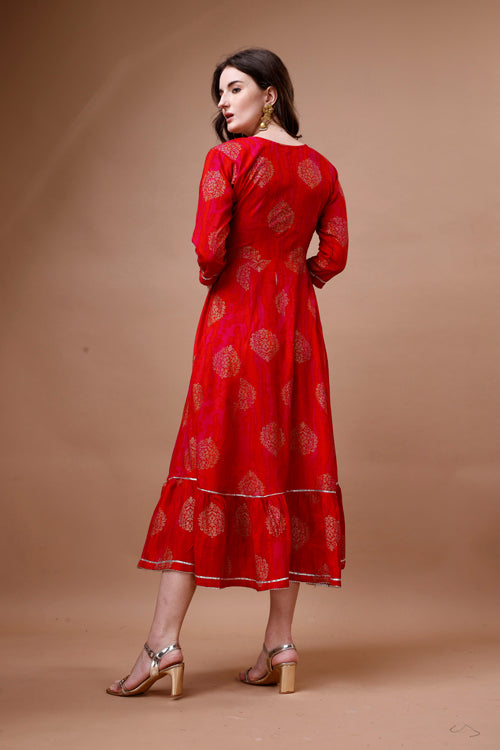 Embroidered ethnic motifs printed rayon dress kurta