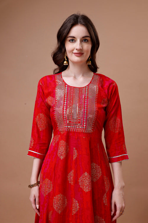 Embroidered ethnic motifs printed rayon dress kurta