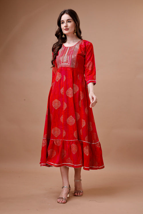 Embroidered ethnic motifs printed rayon dress kurta