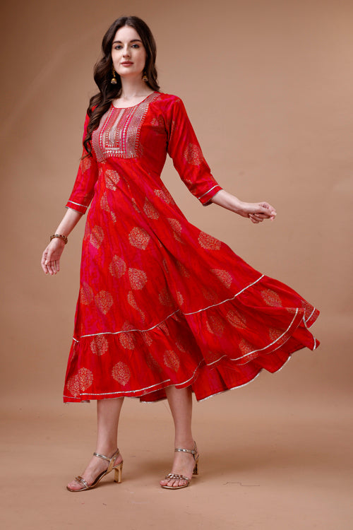 Embroidered ethnic motifs printed rayon dress kurta