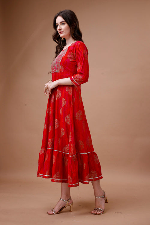 Embroidered ethnic motifs printed rayon dress kurta