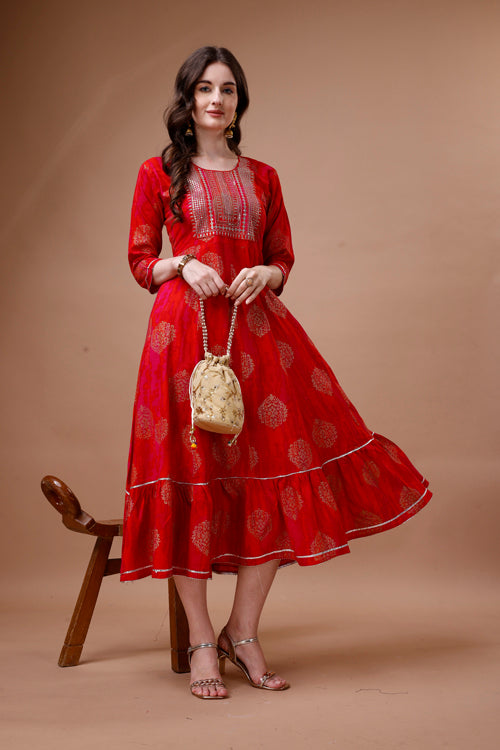 Embroidered ethnic motifs printed rayon dress kurta