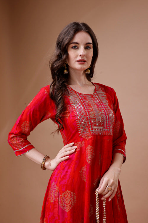 Embroidered ethnic motifs printed rayon dress kurta