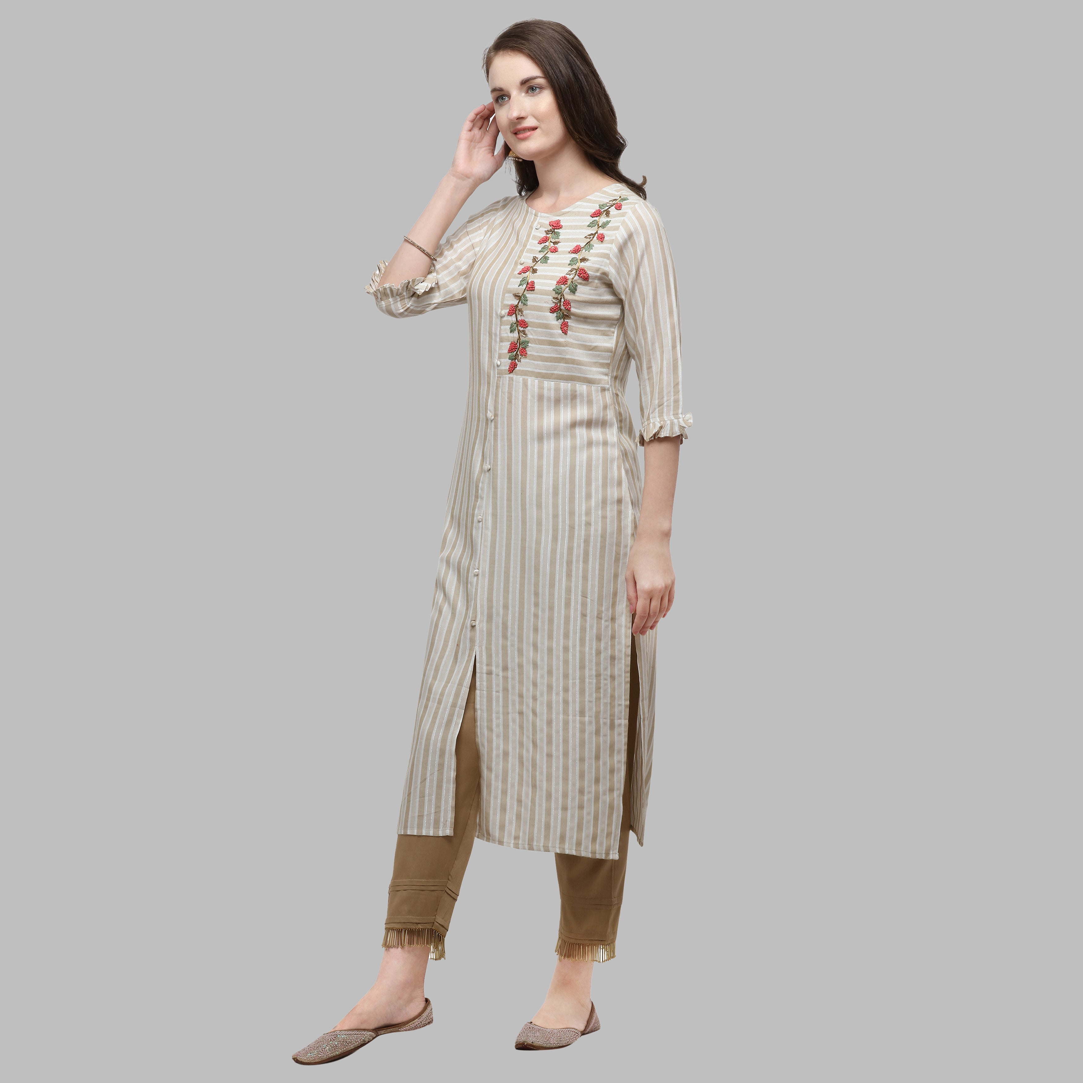 Embroidered and Striped Kurta with Pant Set