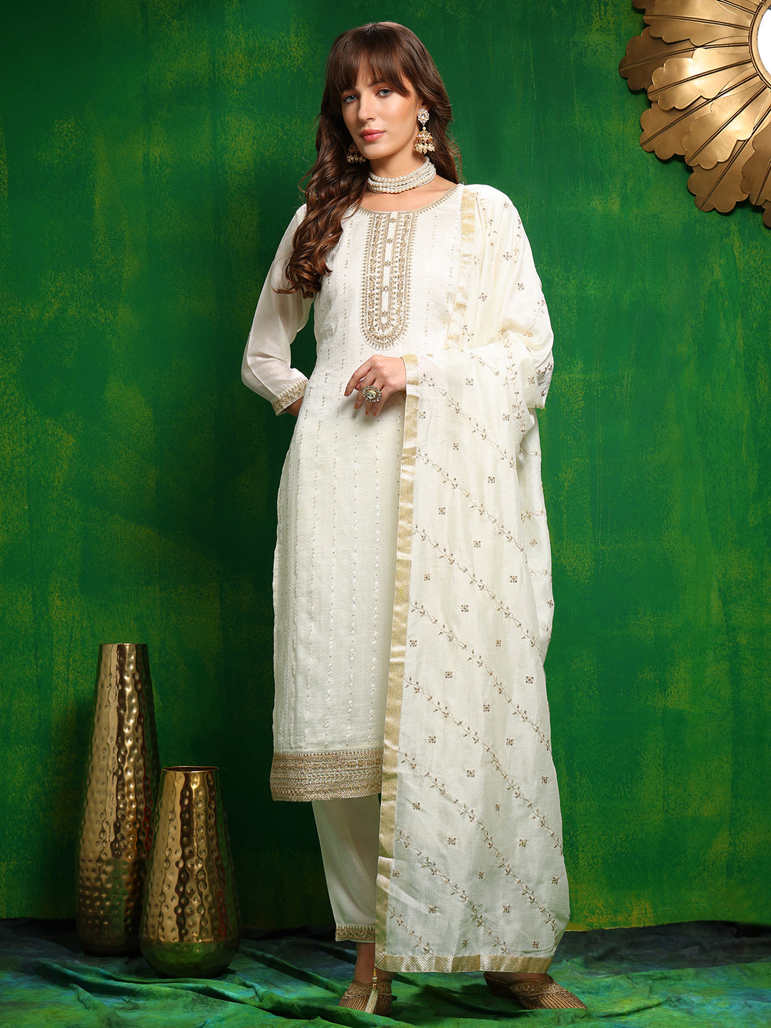 Sequinned Embroidered Silk Blend Kurta with Pant & Embroidered Dupatta