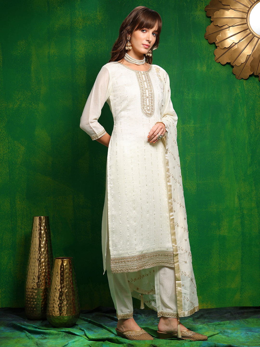 Sequinned Embroidered Silk Blend Kurta with Pant & Embroidered Dupatta