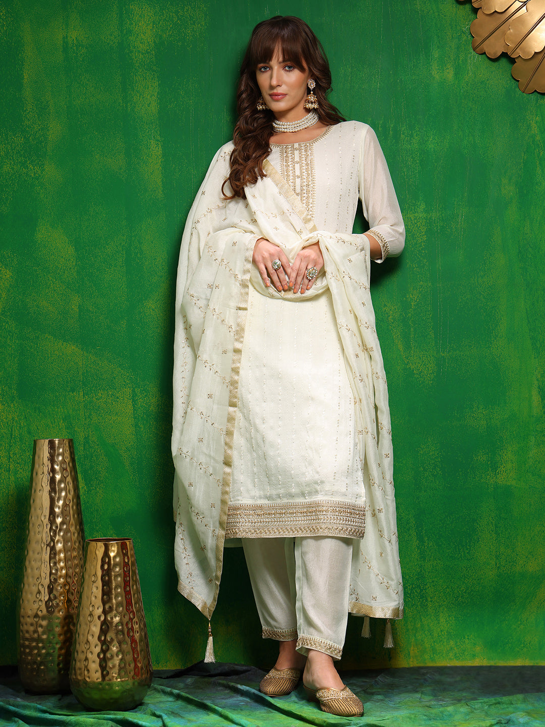 Sequinned Embroidered Silk Blend Kurta with Pant & Embroidered Dupatta