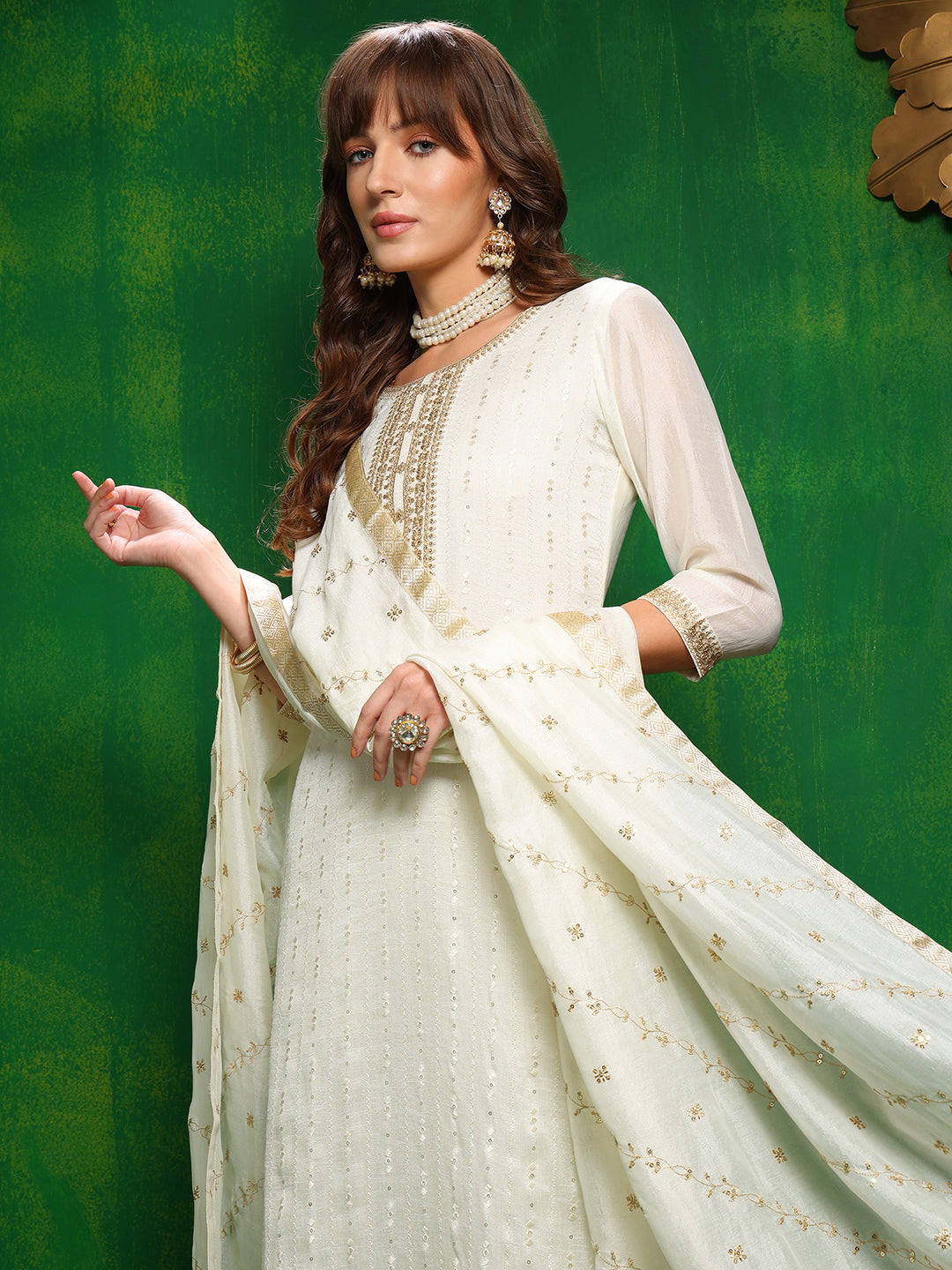 Sequinned Embroidered Silk Blend Kurta with Pant & Embroidered Dupatta