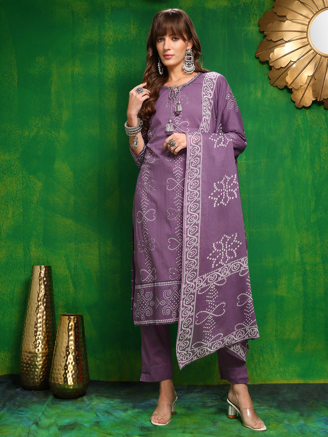 Bandhani printed and embroidered Kurta with Pant & Dupatta