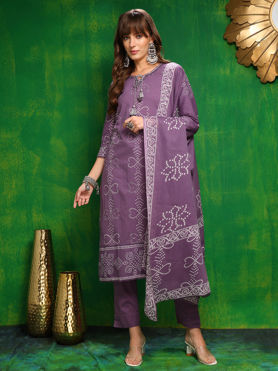 Bandhani printed and embroidered Kurta with Pant & Dupatta