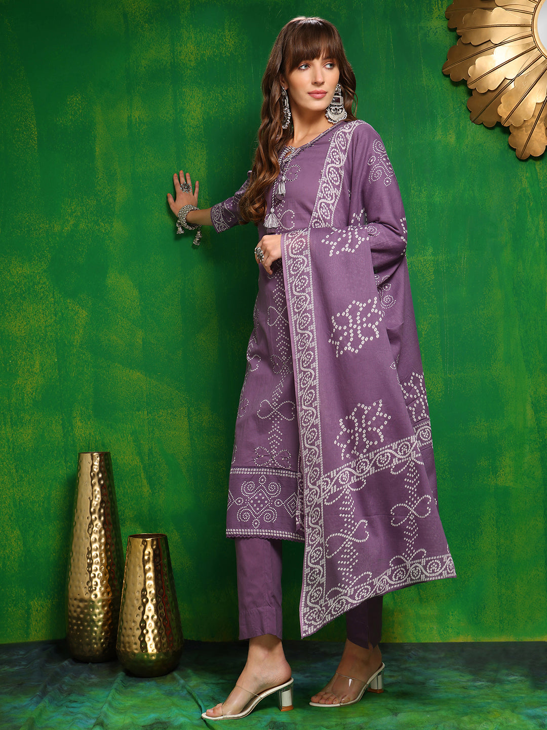 Bandhani printed and embroidered Kurta with Pant & Dupatta