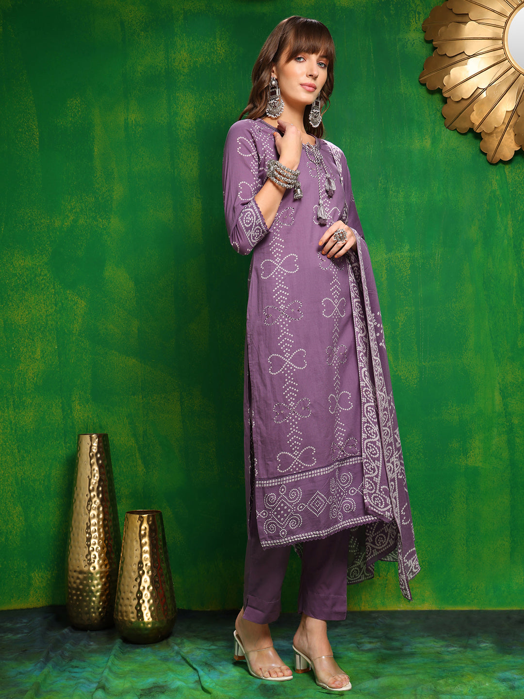 Bandhani printed and embroidered Kurta with Pant & Dupatta