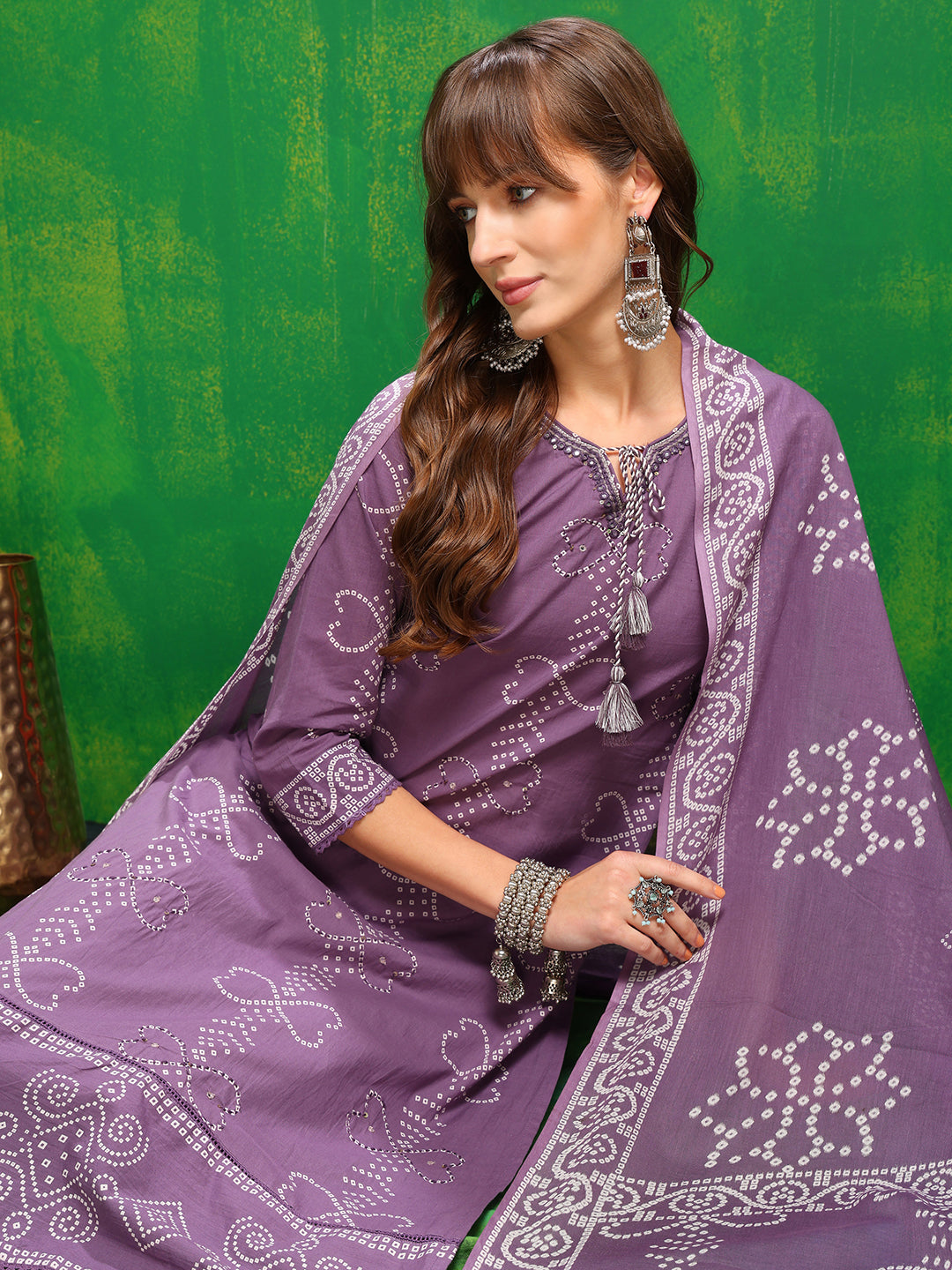 Bandhani printed and embroidered Kurta with Pant & Dupatta