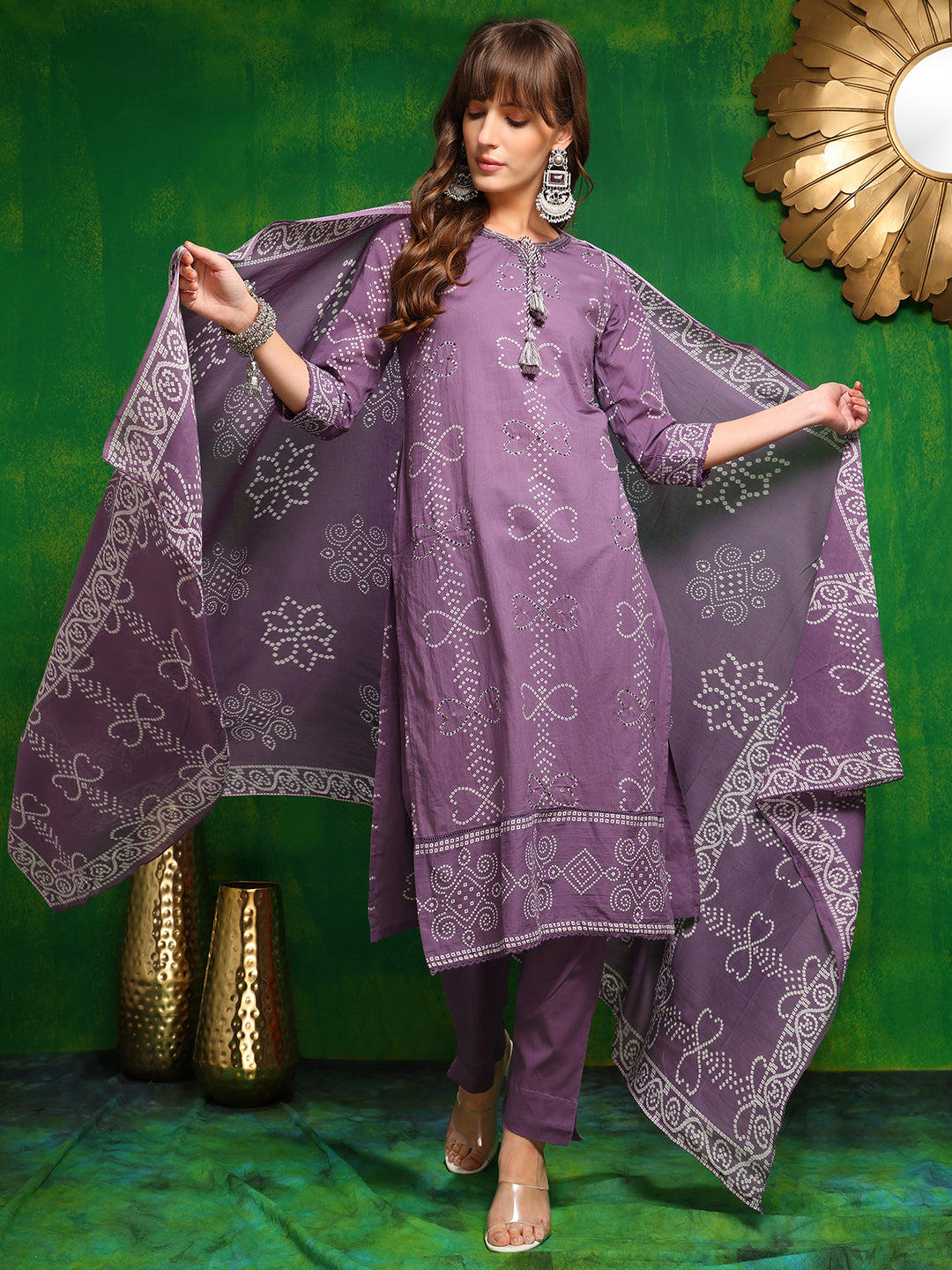 Bandhani printed and embroidered Kurta with Pant & Dupatta