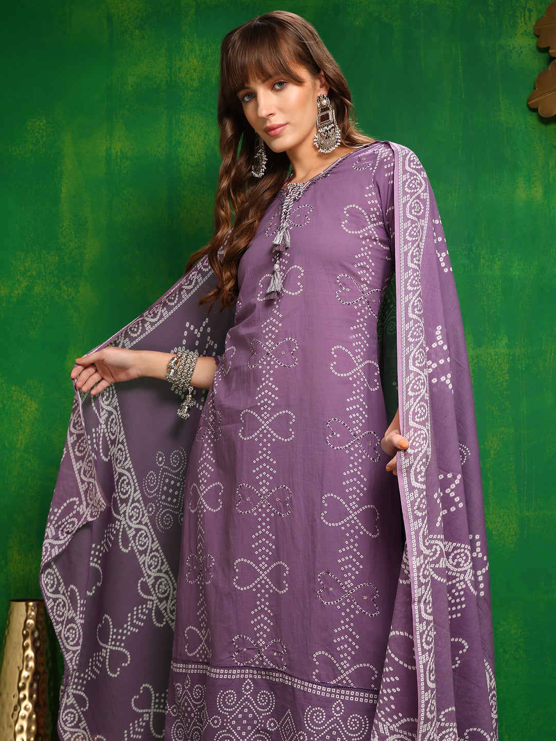 Bandhani printed and embroidered Kurta with Pant & Dupatta