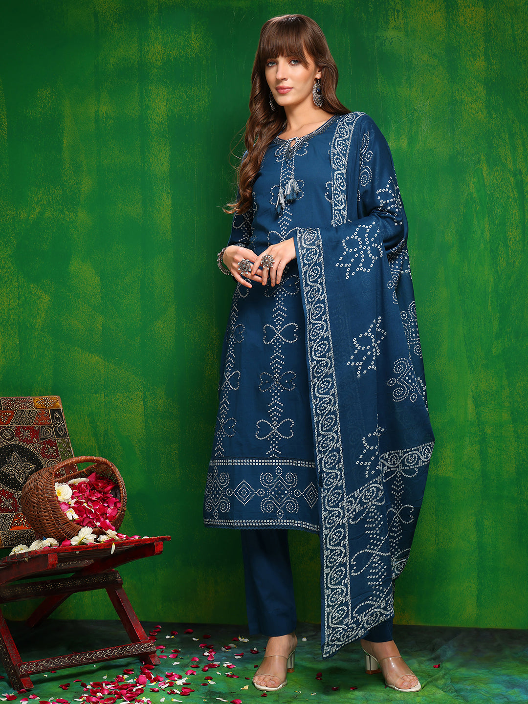 Bandhani printed and embroidered Kurta with Pant & Dupatta