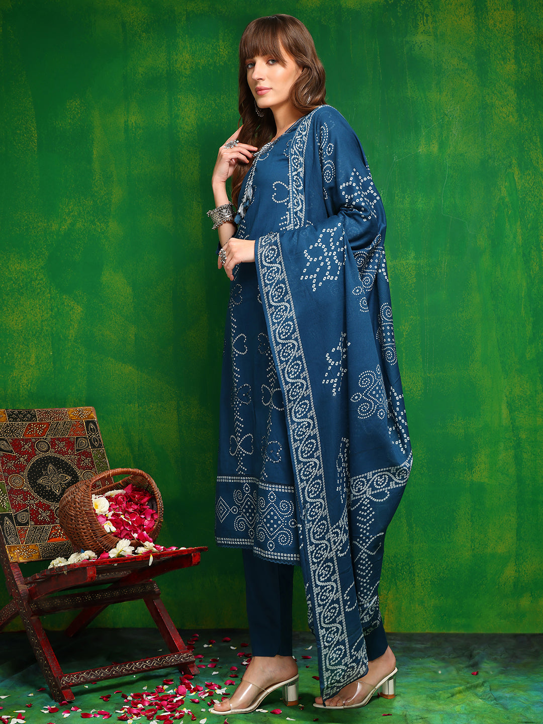 Bandhani printed and embroidered Kurta with Pant & Dupatta